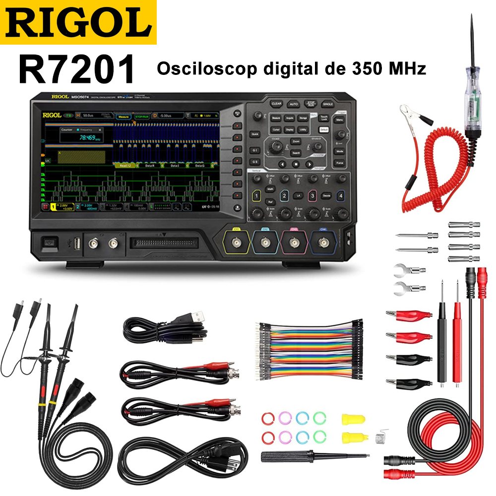 Osciloscop digital de 350 MHz, 4 canale, 8GS/s, memorie 200Mpuncte, rata de captare a formei de undă 500.000 cadre/secundă, 16 canale digitale, sursă de semnal încorporată 25MHz 2CH